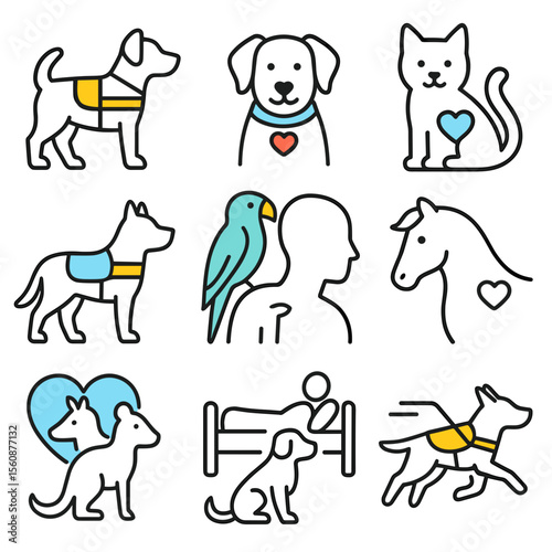 Pets and support animals in colorful outline icons set  