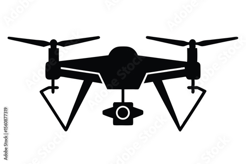 Silhouette Illustration of a Quadcopter Drone with Camera and Angular Landing Gear