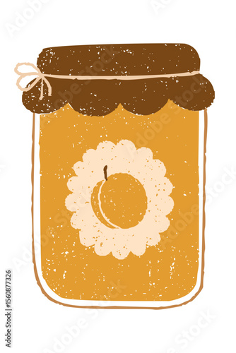 Rustic vintage apricot jam jar with decorative label and twine tie. Chalk, crayon or pencil texture hand drawn design element vector illustration isolated.