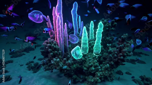 High-quality underwater scene with glowing bioluminescent corals in pink and teal, surrounded by tropical fish and jellyfish in clear blue water, creating a vibrant, magical ocean atmosphere