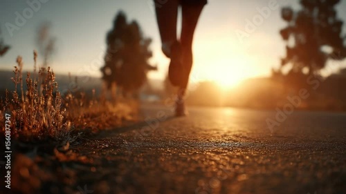 Runner strides, sunset, road person jogging on asphalt surface during golden hour, exercise