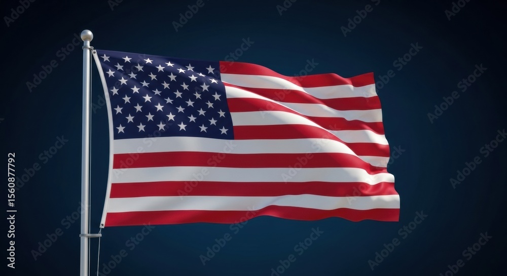 Obraz premium A realistic 3D animation of the American flag waving on a flagpole against a solid, dark blue background. A symbol of national pride.
