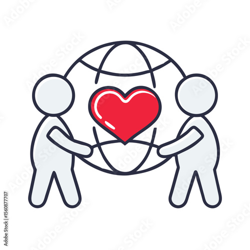 Two figures holding a globe with heart symbolizing love and unity  