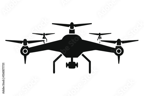 Black Silhouette of a Quadcopter Drone with Camera, Ready for Flight and Aerial Photography