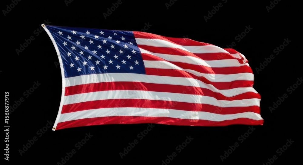 Fototapeta premium A symbol of American pride isolated on black. The flag of the United States is shown waving against a solid black background for a dramatic effect.