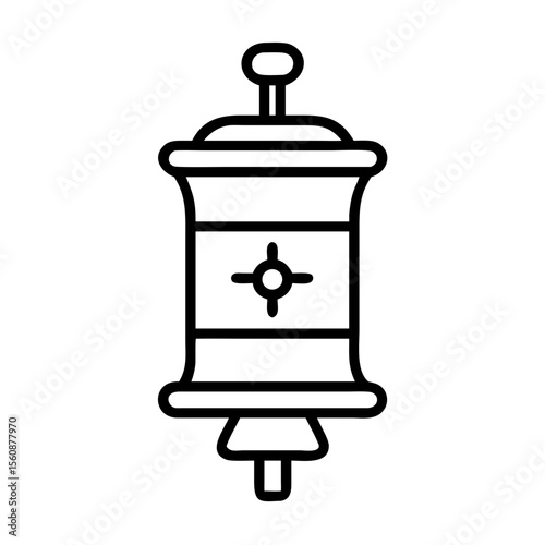 Prayer wheel icon with symbols in minimalist line art style  