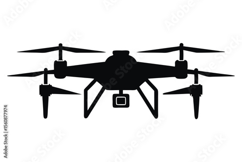 Black Silhouette of a Drone with Four Rotors and Underside Camera System