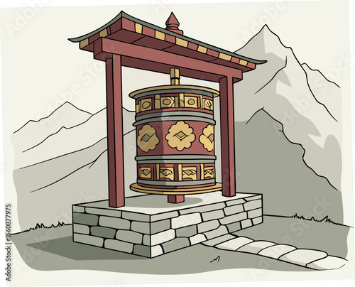 Prayer wheel with ornate symbols in Asian mountain landscape  