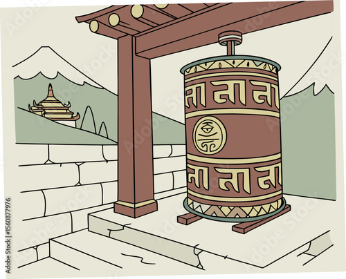 Tibetan prayer wheel with symbols in a mountainous landscape  