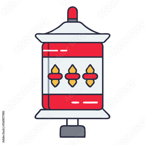 Colorful prayer wheel with symbols in simple flat design  