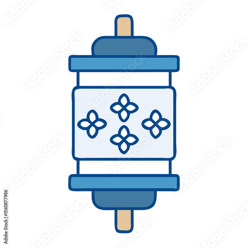 Prayer wheel with symbols in blue and white color scheme  