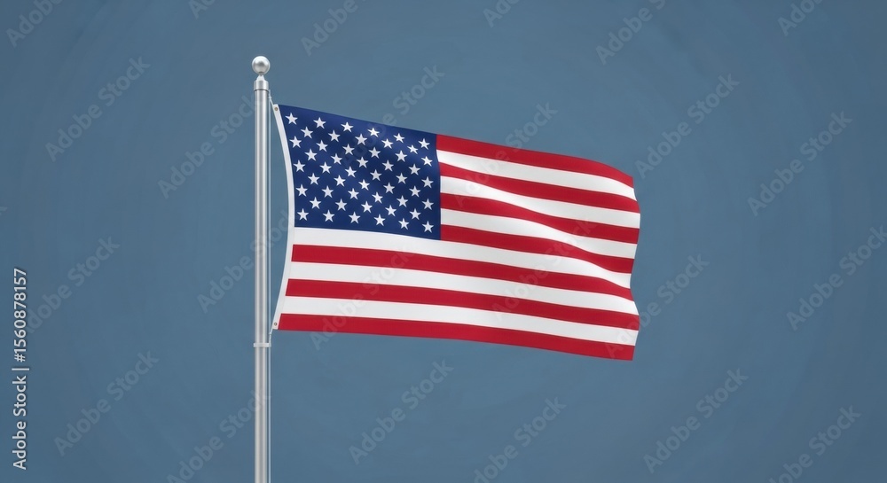 Obraz premium American Flag Waving on Flagpole Against Blue Sky