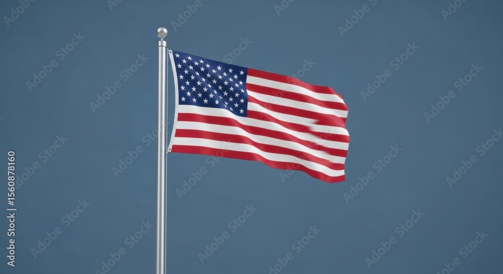 Fototapeta premium US Flag on a Pole Against a Deep Blue Sky