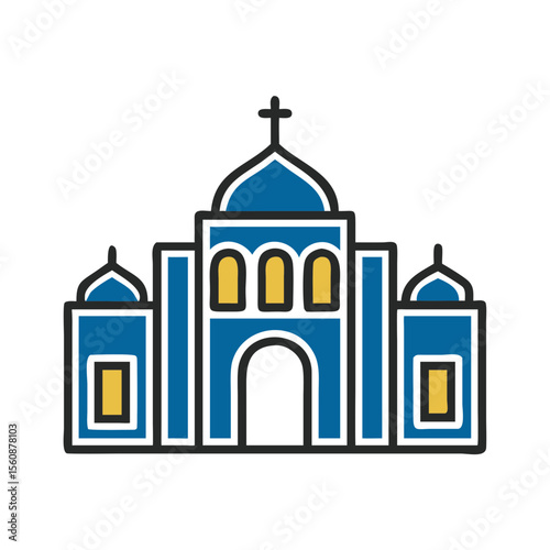 Church building front view with blue domes and cross emblem  