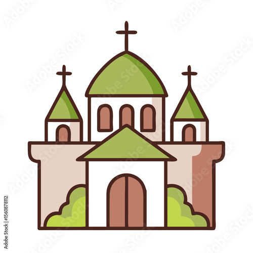 Cartoon illustration of a church with green domes and crosses  