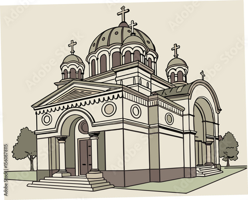 Orthodox church building facade with domes and crosses in illustration  