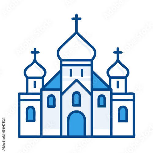 Orthodox church building icon in blue and white color scheme  