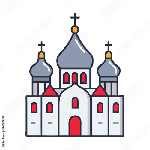 Orthodox church building with domes and crosses in flat design  