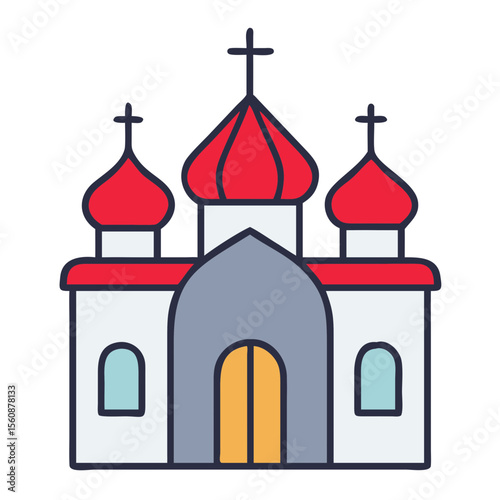 Orthodox church building with red domes and crosses in simple style  
