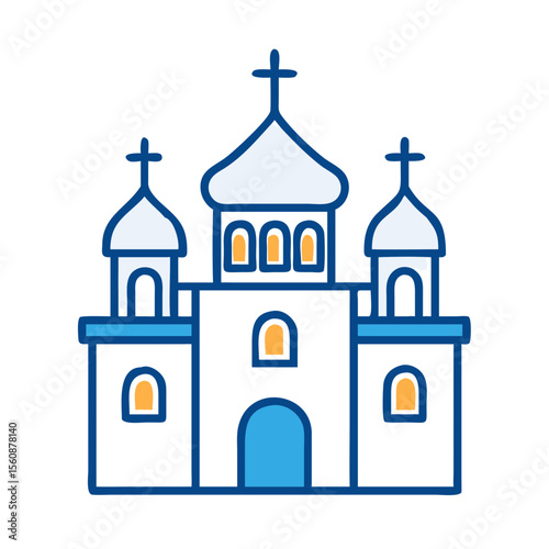 Orthodox church building with domes and crosses in minimalist style  