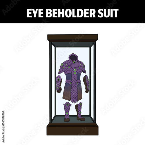 Cartoon Eye Beholder Suit Vector Illustration – Fantasy Purple Armor with Eyes in Display Case