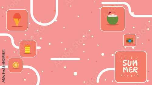 Flat Design Summer Food and Drink Icons on Pink Background for Holiday Banner and Poster