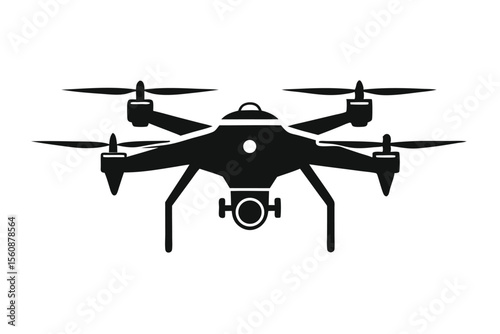 Black Silhouette of Drone Featuring Camera, Propellers, and Landing Gear Icon