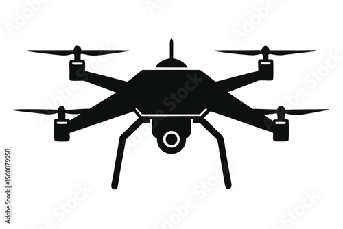 Silhouette of Drone with Four Rotors and Attached Camera Device Imagery