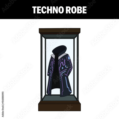 Cartoon Techno Robe Vector Illustration – Futuristic Circuit Mage Cloak in Display Case

