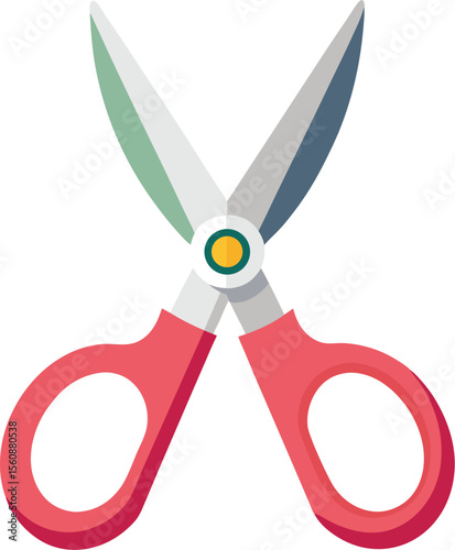 Pair of sharp metal scissors with red handles isolated on transparent background