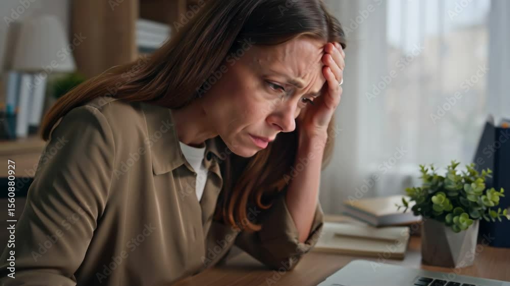 stressed woman freelancer at table with laptop at home, problems stressed woman freelancer at table with laptop at home, problems