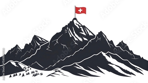 Swiss Alps Mountain Peak with Flag Majestic Landscape Illustration