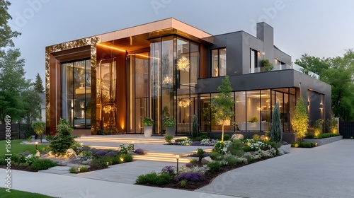 Automated home exterior with sleek architecture high resolution photo