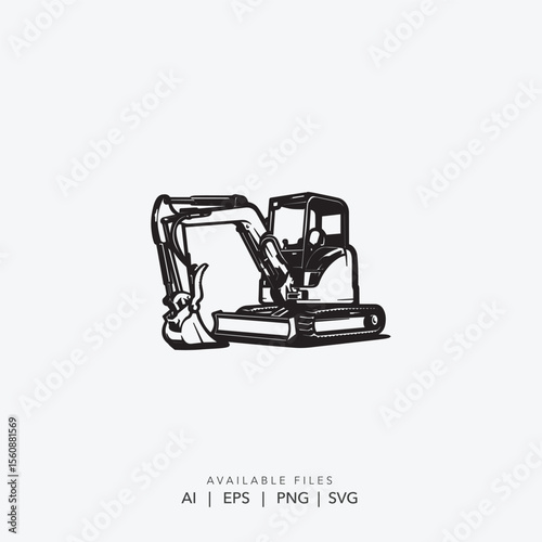 Abstract Black and White Silhouette Excavator Machine, Modern Minimalist Excavator Digger Heavy Equipment silhouette