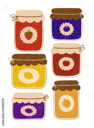 Rustic vintage set of jam jars with decorative label and twine tie. Chalk, crayon or pencil texture hand drawn design elements isolated. Strawberry, lemon, apple, apricot, blueberry and plum jams.
