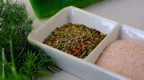 Aromatic herbs and spices in ceramic dish with greenery on white background