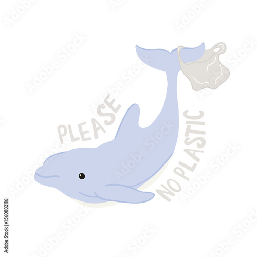 Vector illustration of a dolphin swimming with a plastic bag, representing ocean pollution. Perfect for environmental campaigns, educational materials, and eco-awareness designs.