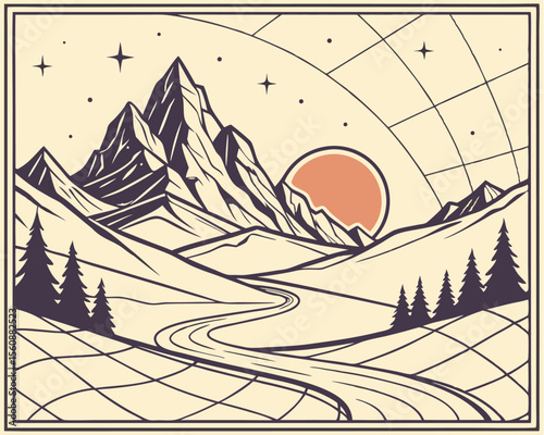 A retro-futuristic scenery featuring mountains and a sun situated in the depths of space, reminiscent of 80s synthwave, with a sunrise unfolding over an alien world