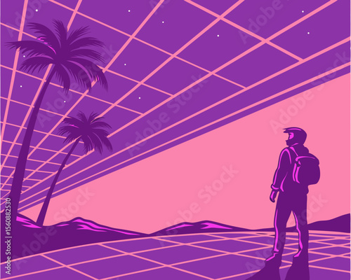 Futuristic landscape in 1980s style set against a bright retro pink purple background