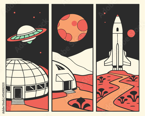 Illustrations of space in the Mid Century Modern style, featuring retro futuristic rockets, flying saucers, and alien planets