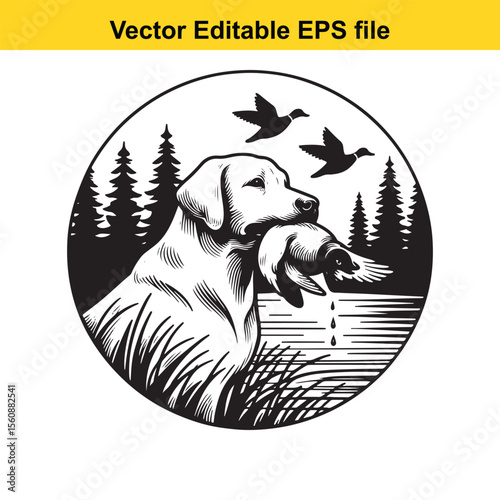 vector hunting Labrador retriever/ Brittany Spaniel dog Majestic Canine Retriever Amidst a Wetland Scene Hunting With Unwavering Focus Hunting Dog's Aquatic Pursuit The Quintessential Sporting Breed L