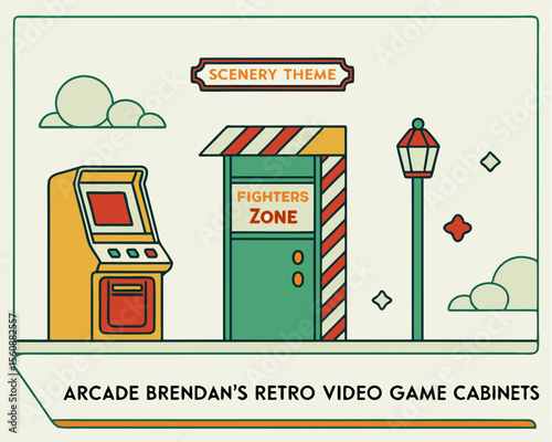 Arcade machines from the 1980s featured electronic video games including 8-bit shooter, racing, and fighting games