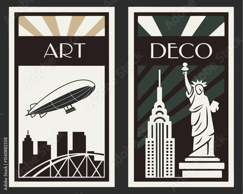 Posters of Art Deco, transport of the retro future, and cityscape at night