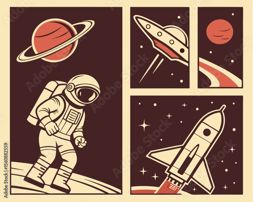 Space astronautics is depicted in retro style posters that include astronauts, spacecraft, rockets, planets, and asteroids