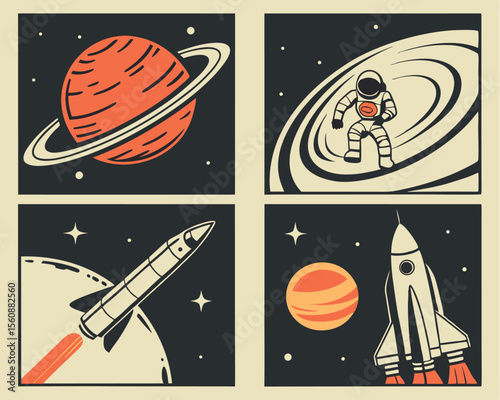 A set of space posters featuring mid century modern art with retro futuristic illustrations of space, including rockets, stars, and planets