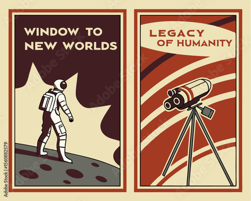 Retro futuristic technologies are highlighted in a collection of space propaganda posters with a retro style, featuring astronauts and space ships traveling to Mars, Saturn, and Earth