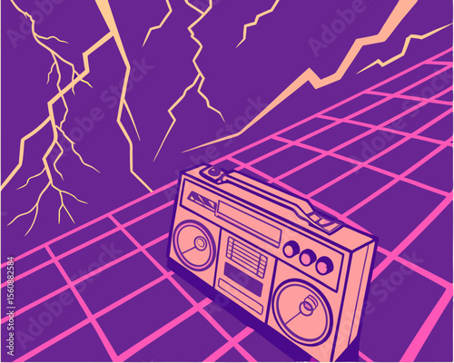 A Retro Futuristic Template in 80s Style, featuring a Laser Grid with Bolts of Lightning, suitable for Synthwave, Retrowave, and Vaporwave