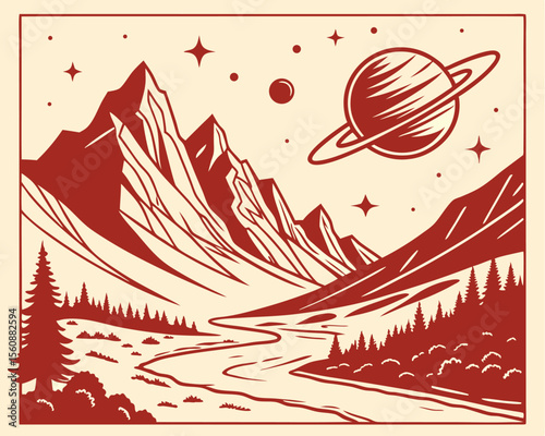 Illustrations of a futuristic sci-fi space setting with a stylized, unknown planet, volcano, mountains, and a backdrop of planets and stars