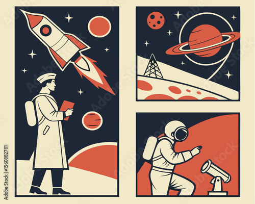 Astronauts, scientists, space rockets, and planets are depicted in a retro science and space illustrations style in the Space Propaganda Poster Set