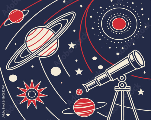 Horizontal vector abstract of red and blue space with star, planet, and line’ becomes ‘Red and blue space vector illustration featuring star, planet, and line in horizontal abstract